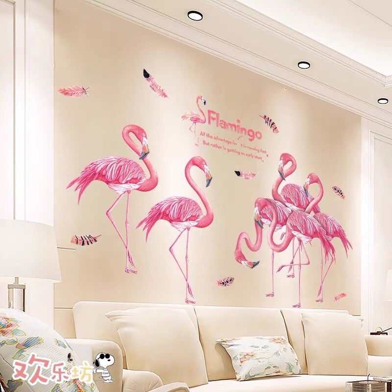 Decal dán tường tán lá xanh và hồng hạc