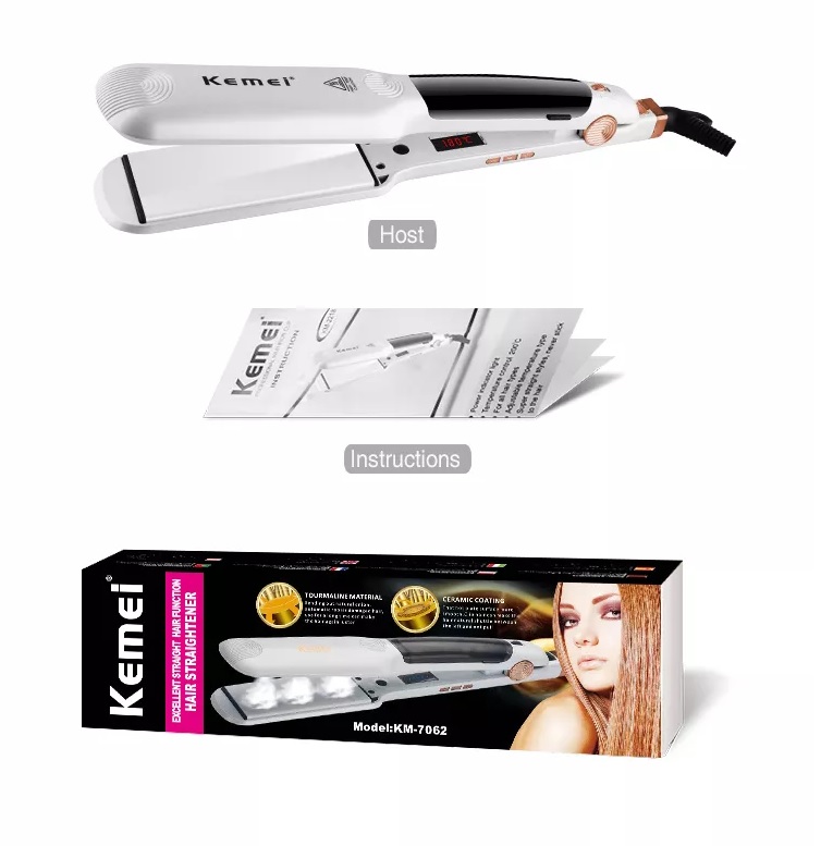 Máy Duỗi Tóc Hơi Nước Gốm Ceramic Bảng To Màn Hình LCD Chỉnh Nhiệt Kemei Km 7062