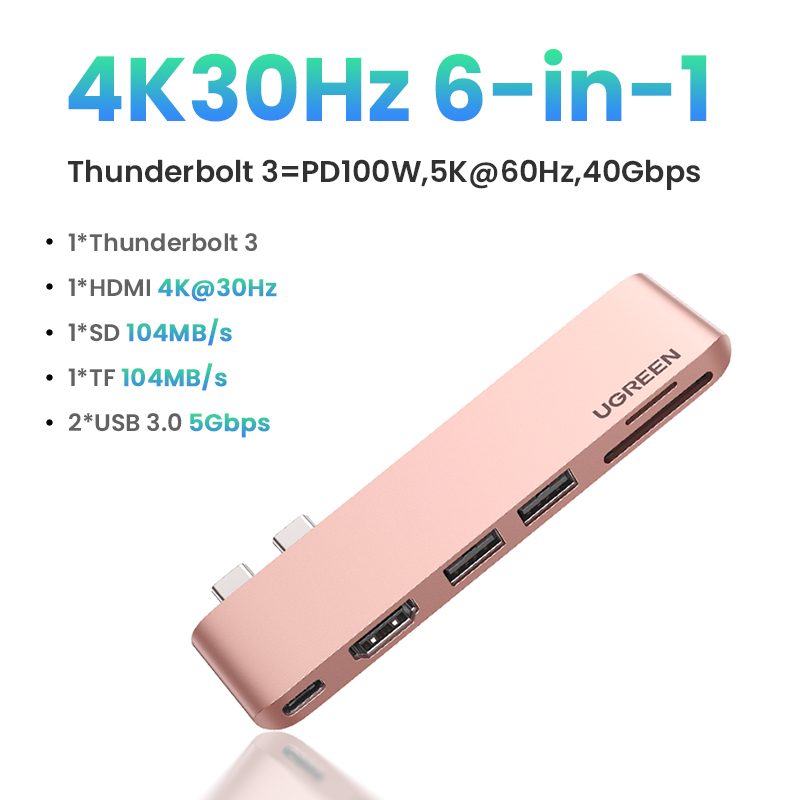 【4K 30Hz】UGREEN USB C Hub Adapter for MacBook Pro MacBook Air M1 2020 2019 2018 with 4K HDMI Thunderbolt 3 100W Power Delivery SD TF Card Reader and 2 USB 3.0 Ports