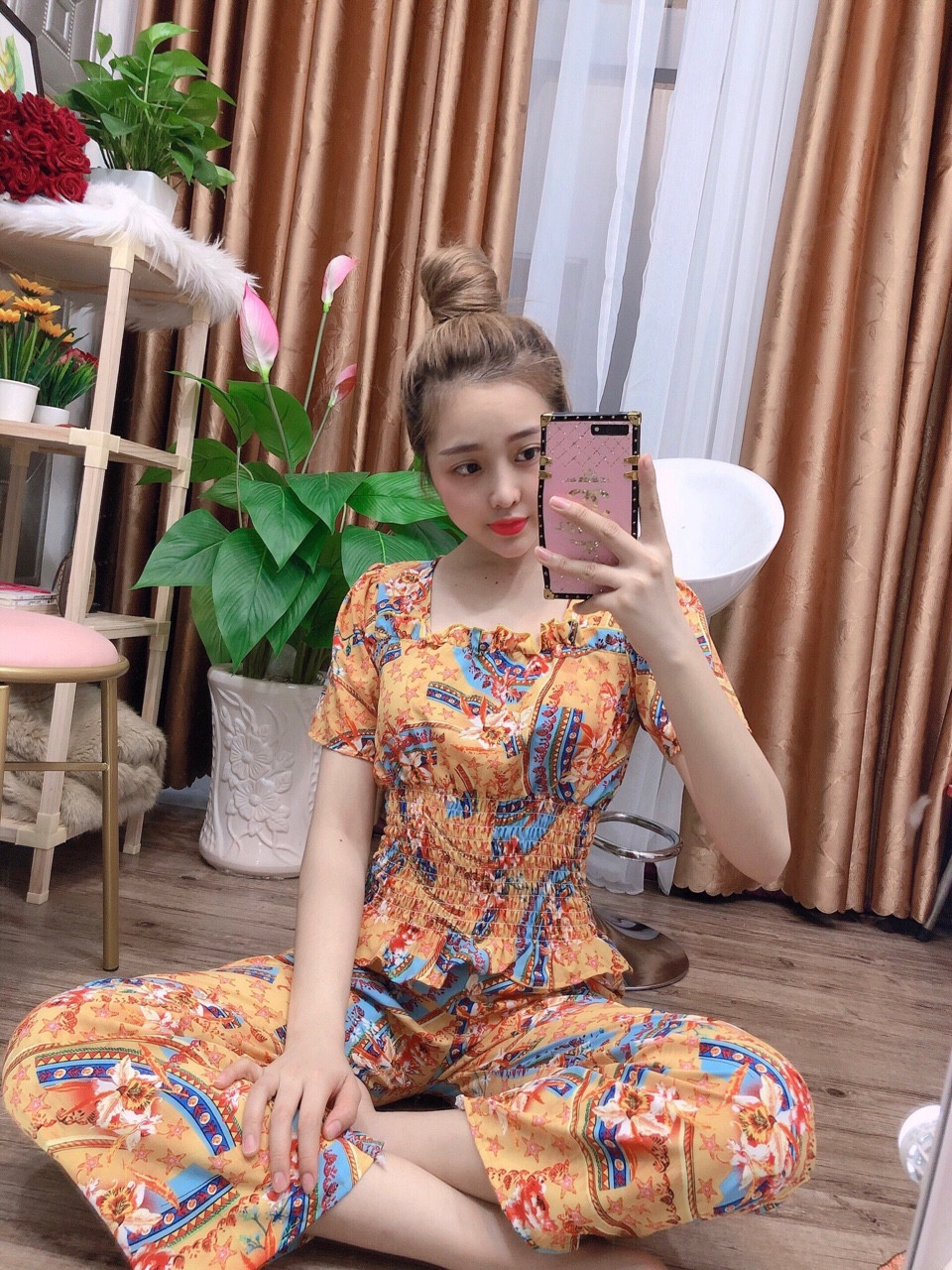Sét bộ thổ cẩm tay ngắn nhún eo cao cấp-MTB