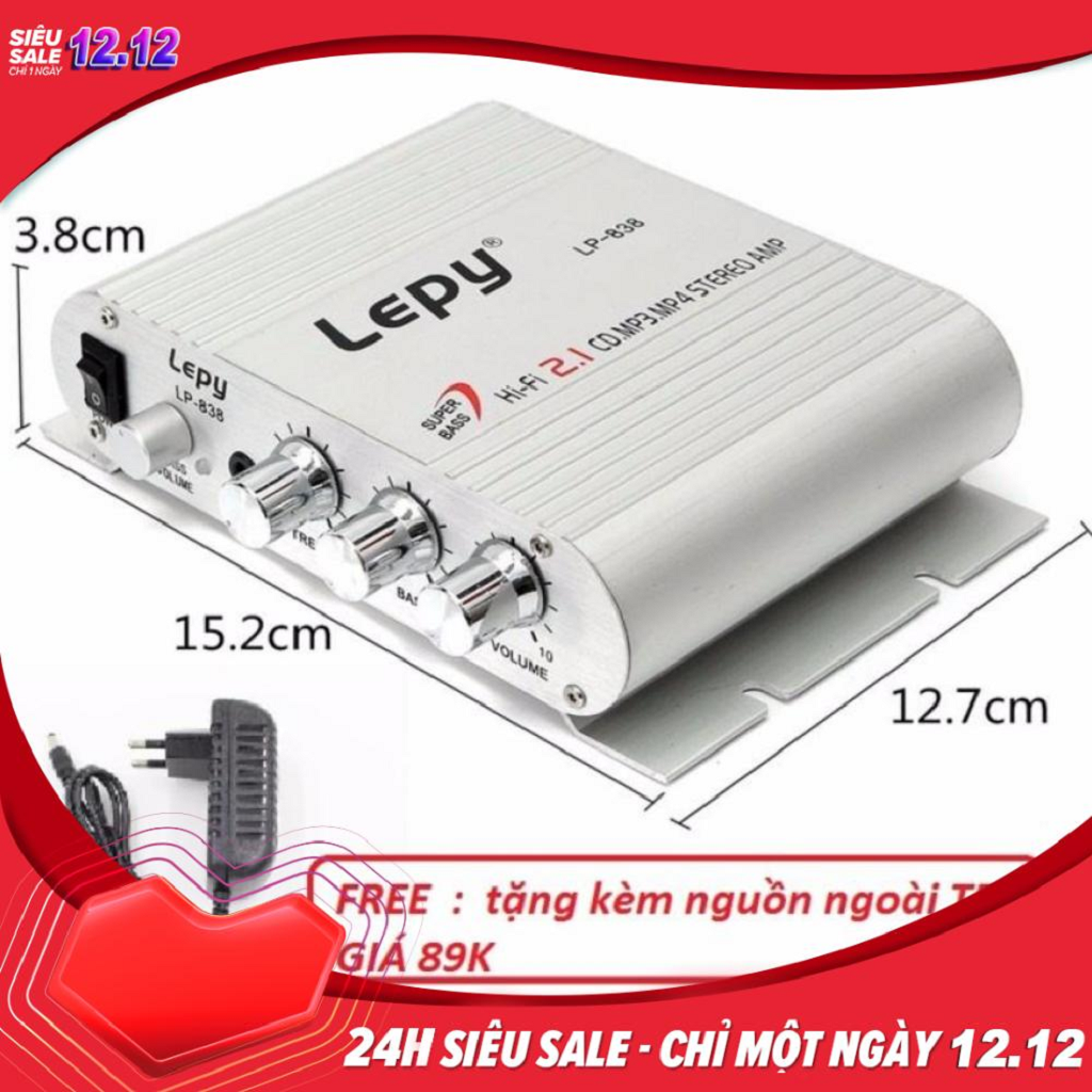 Ampli Mini Lepy Lp-838 Hi-Fi 2.1 bộ khuếch đại âm thanh nguồn 12V tương tích với nhiều loại loa độ xe máy xe tải