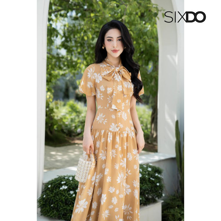 Đầm voan hoa nơ cổ chiết eo SIXDO