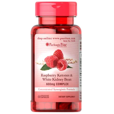 Viên uống hỗ trợ giảm cân Puritan's Pride Raspberry Ketones & White Kidney Bean 600mg Complex 60 viên HSD tháng 06/2022