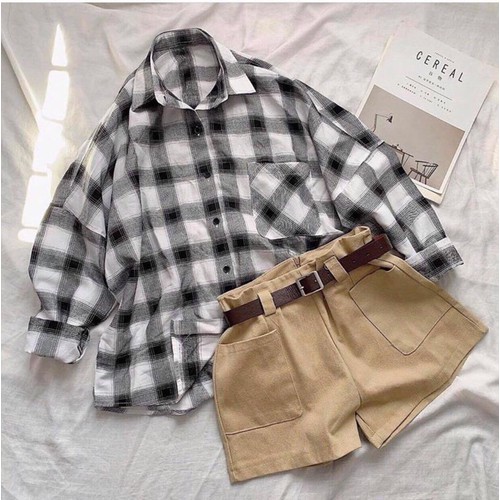 Áo sơ mi oversize caro đen trắng