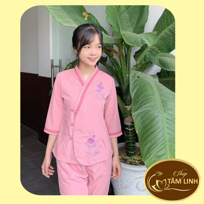 Đồ Lam Đi Chùa _ Mẫu Cài Xéo Thêu Sen