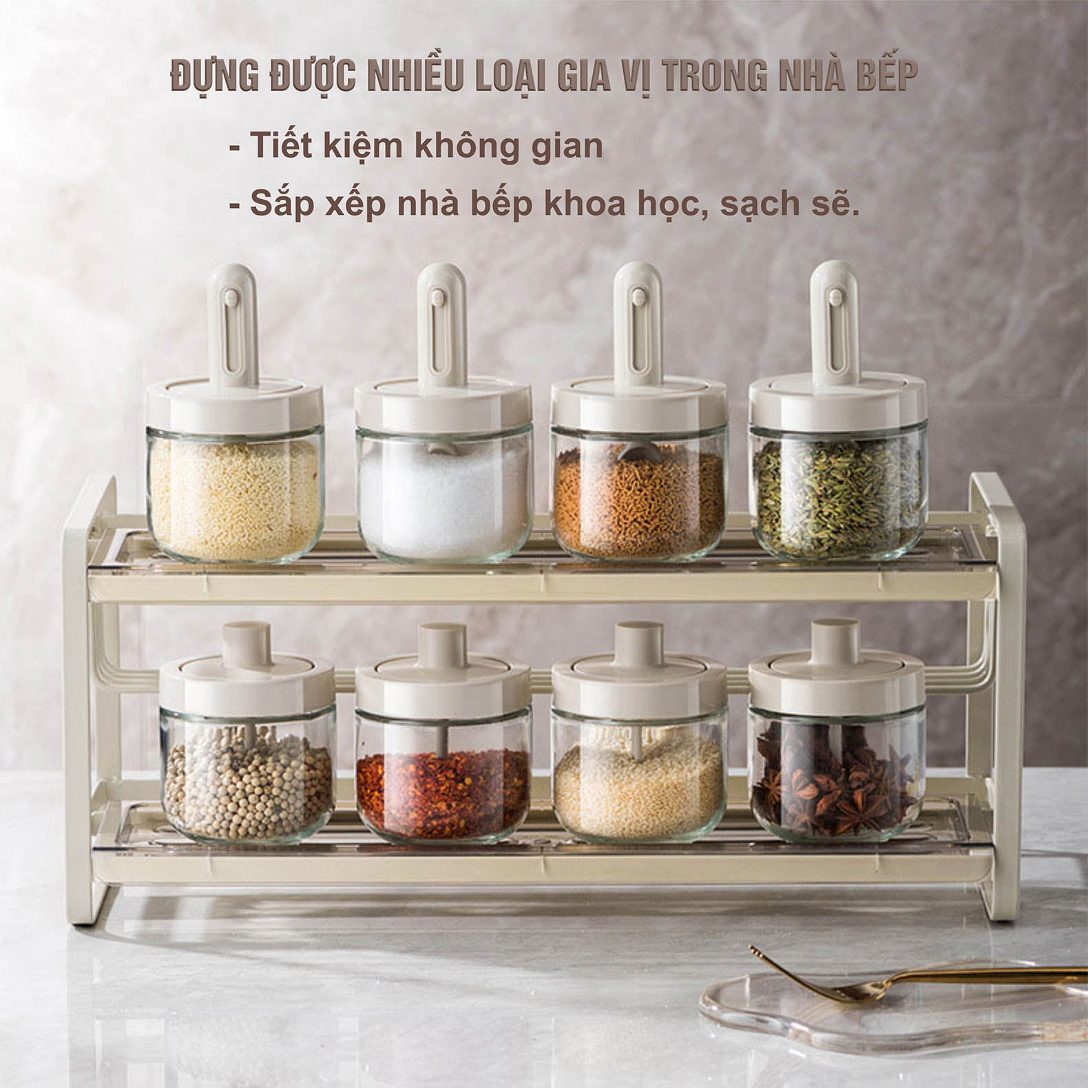 Hũ đựng gia vị, Lọ đựng gia vị thủy tinh kèm muỗng điều chỉnh ngắn dài tiện lợi