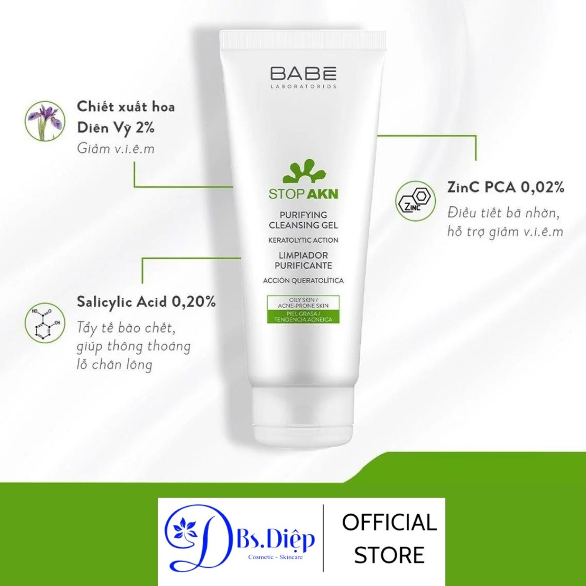 Sữa rửa mặt cho da dầu m ụ n Babe Stop AKN Purifying Cleansing Gel