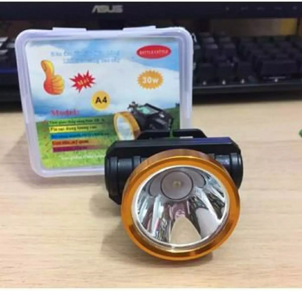 Đèn pin đội đầu sáng mạnh viền vàng, Đèn Led Đội Đầu Siêu Sáng A4 Pin Sạc, đèn pin, đèn đội đầu, đèn đeo trán