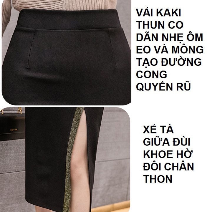 [HCM]Chân váy body xẻ tà viền kim tuyến- Chân váy nữ C052