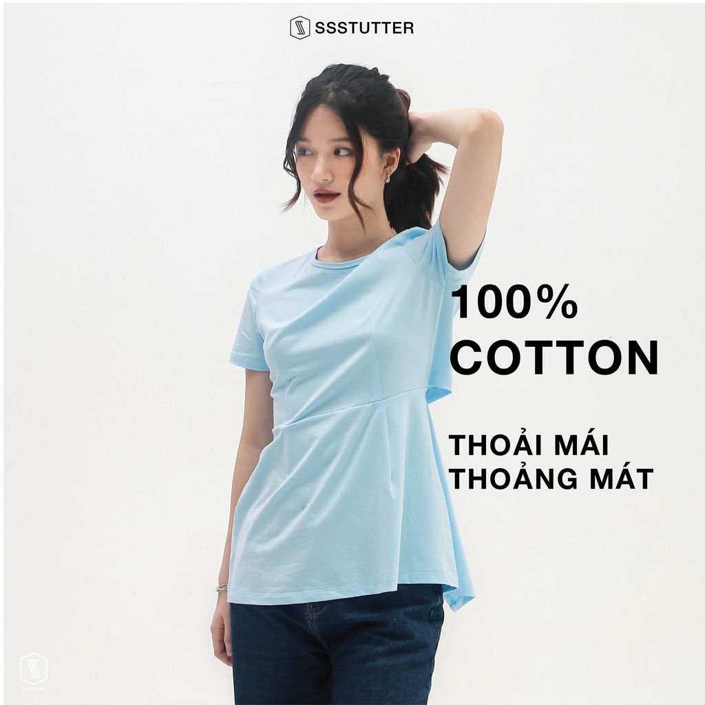 Áo thun nữ SSSTUTTER chất cotton Hàn thoáng mát kiểu chiết eo xẻ lưng tie-back tee