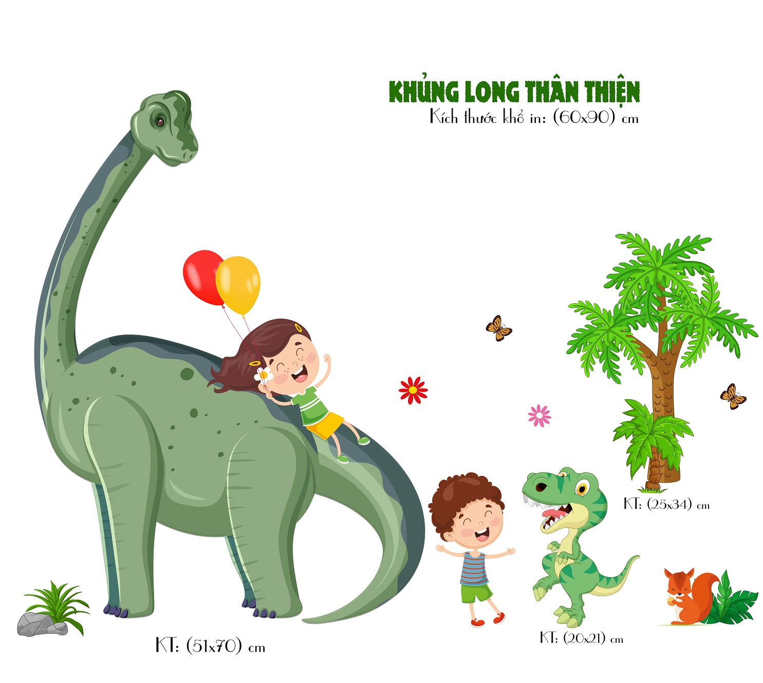 Decal dán tường khủng long thân thiện - trang trí phòng bé