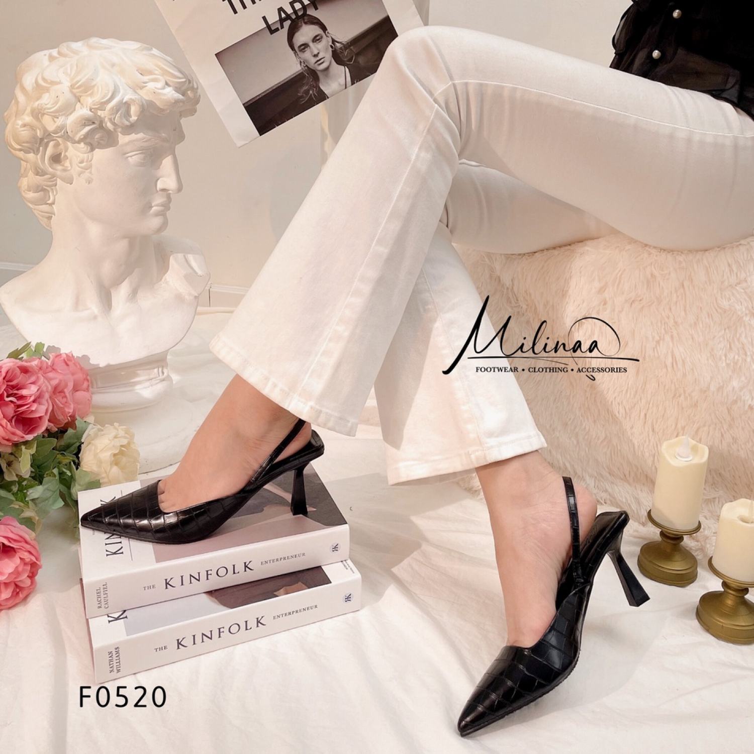 Giày cao gót nữ slingback gót nhọn 6p bít mũi hậu thun m02 f0520