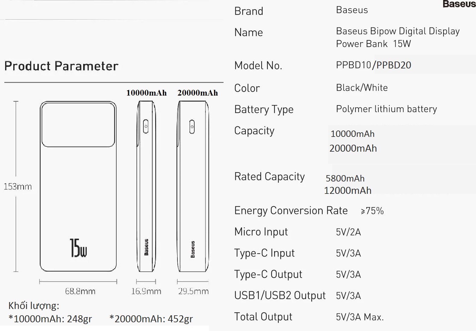 [ 10000mAh/ 20000mAh ] Pin dự phòng 15W Baseus Bipow Digital Display PPBD10- PPBD20
