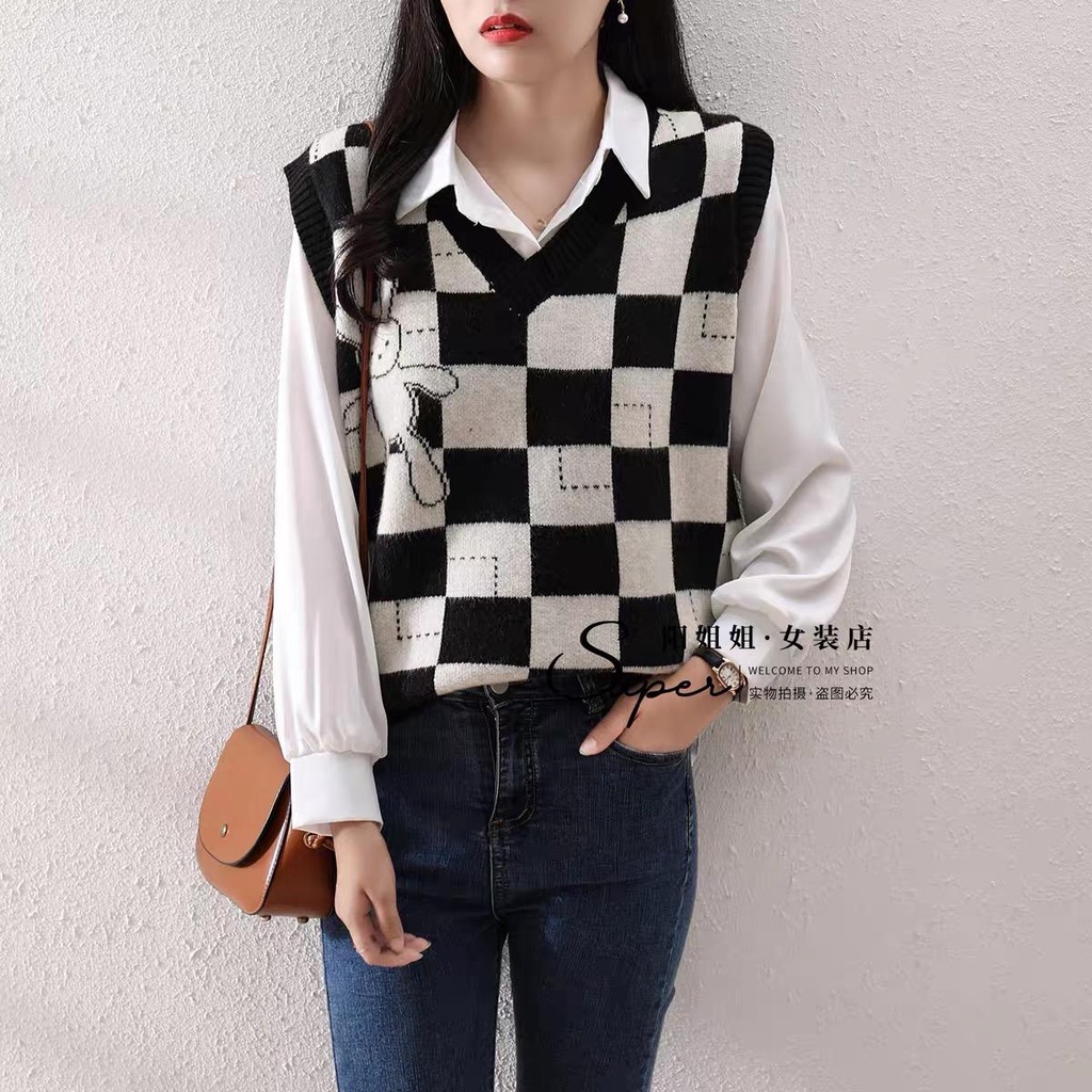 MS784 Áo gile len nữ thỏ kẻ caro cổ tim Hàn Quốc