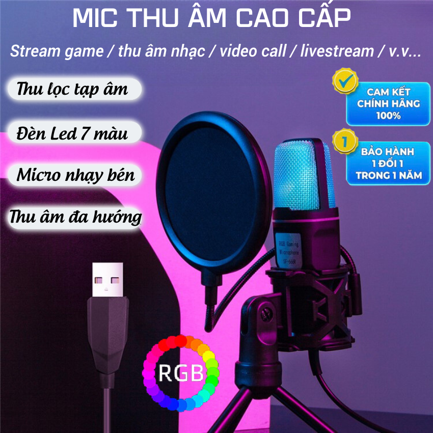 Micro Thu Âm USB, Mic thu âm có dây, Độ Nhạy Cao Tích Hợp Led RGB, Mic Thu Âm Livestream Có Màng Lọc Tạp Âm, Chân Đỡ Để Bàn