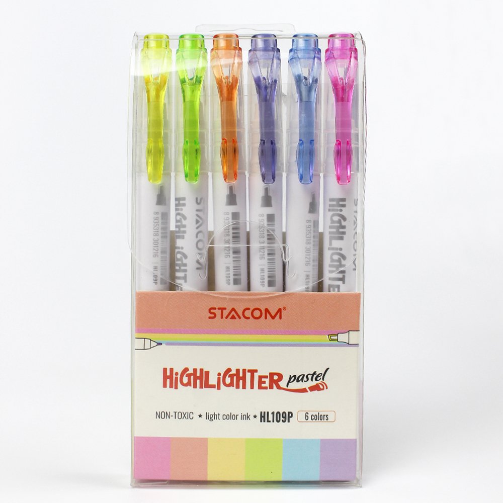 Bộ 6 cây bút dạ quang màu pastel 2 đầu stacom hl109p