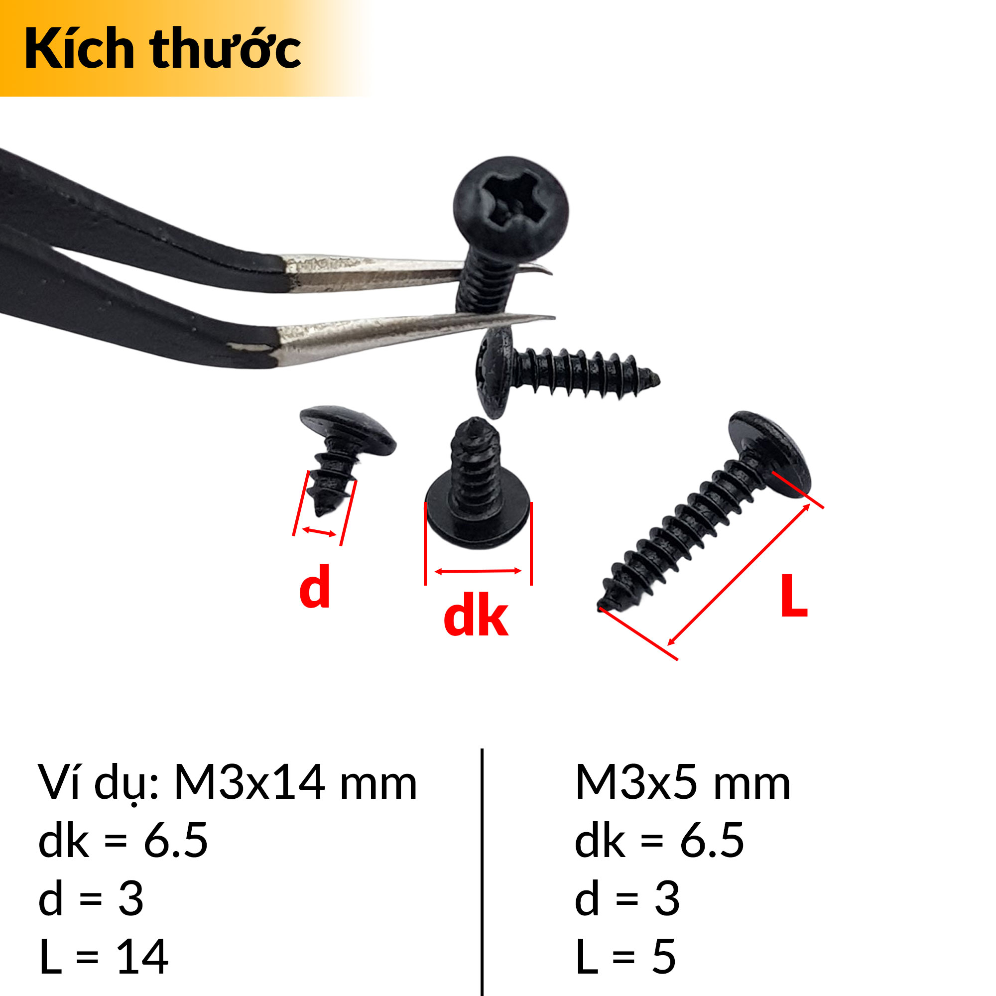 Vít nhọn M3 có mũ màu đen (50 con) nhiều kích thước