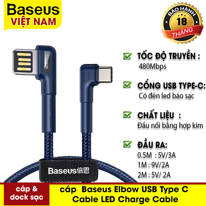 Baseus Elbow USB Type C Cable LED  Dành Cho Xiaomi Redmi Note 9 S 8 Pro Sạc Nhanh 3.0