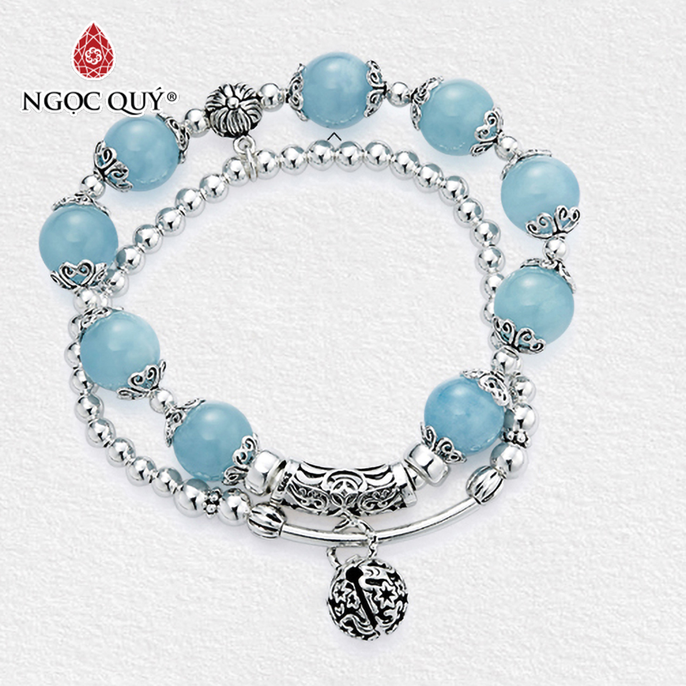 [HCM]Vòng 2 line đá Aquamarine phối charm bạc size hạt 10mm mệnh thủy mộc - Ngọc Quý Gemstones