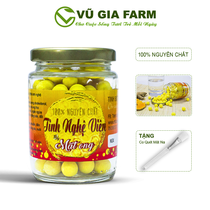 Tinh Nghệ Viên Mật Ong Nguyên Chất Vũ Gia (100gr/hũ) + Tặng cọ quét mặt nạ cao cấp - Hỗ trợ bệnh đau dạ dày, tiêu hóa, đặp mặt dưỡng da, giảm thâm nám tàn nhang hiệu quả - Đã được kiểm nghiệm y tế