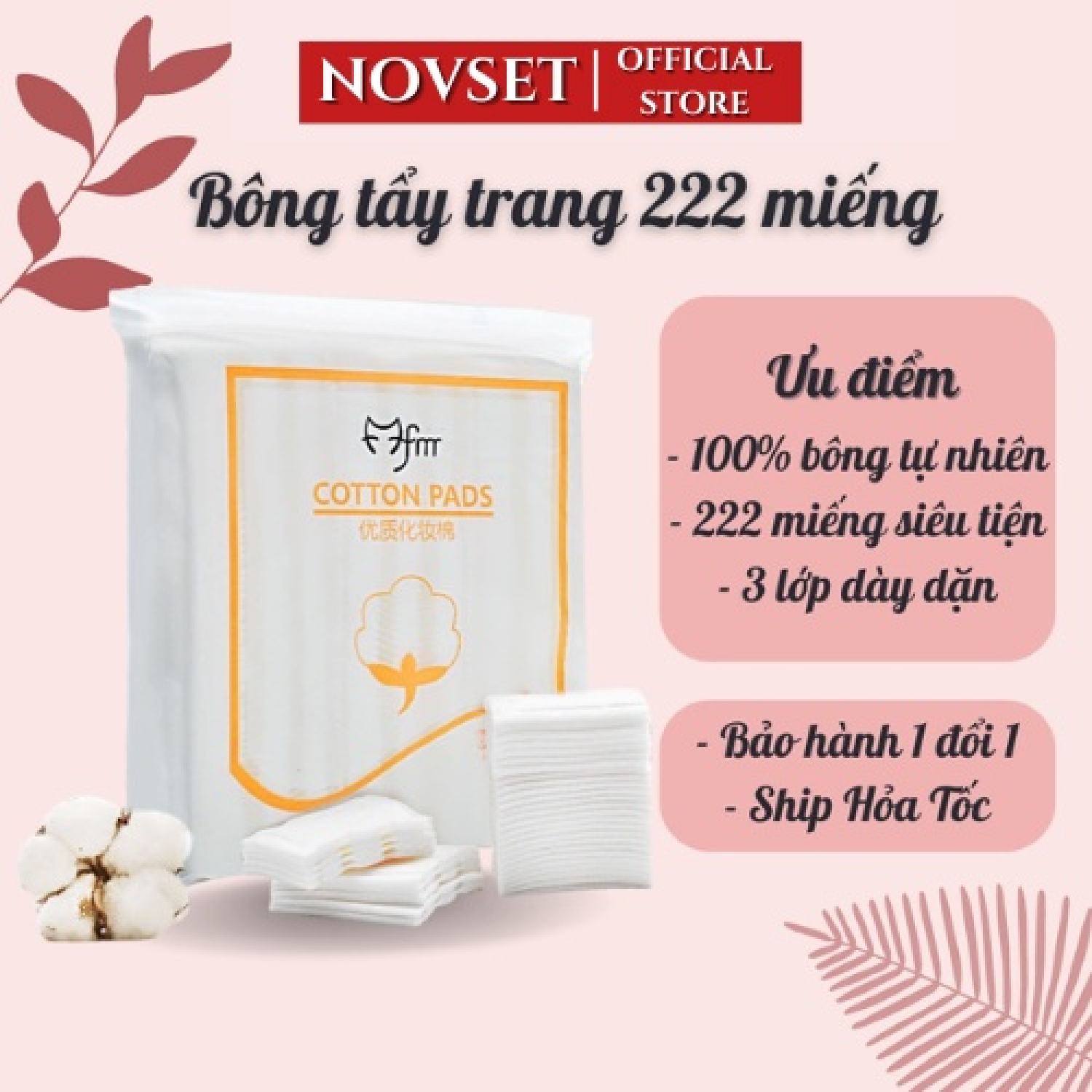 Bông Tẩy Trang Cotton Pads NOVSET Thiết Kế 3 Lớp Túi Gồm 222 Miếng Siêu Mềm Mịn