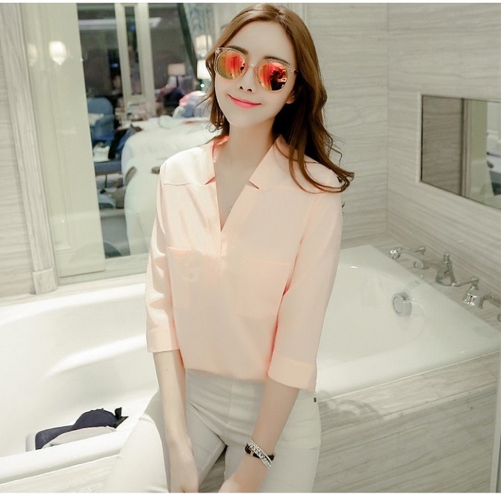 Áo sơ mi nữ công sở kiểu cổ V tay lửng 2 túi