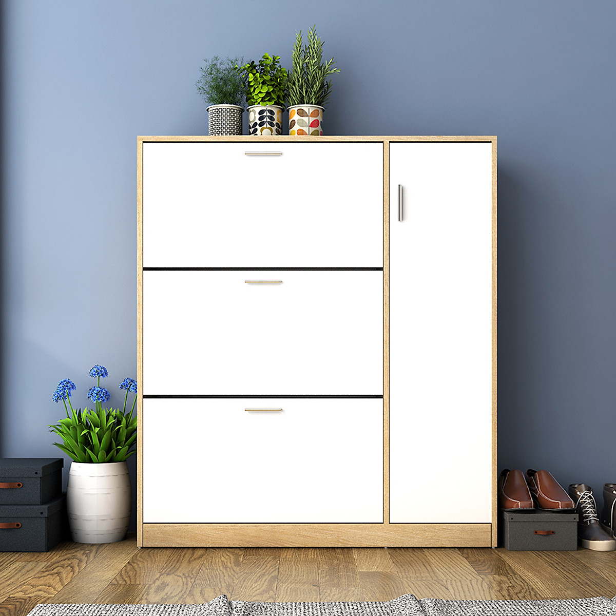 Tủ Giày Gỗ Mdf Melamine  Trắng , Tủ Giày Thông Minh (4 cánh khung trắng)