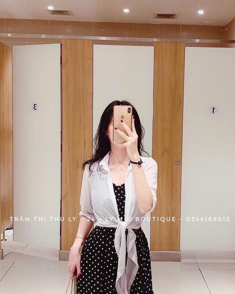Đầm 2 dây chấm bi kèm áo sơ mi phong cách HÀN BQFS