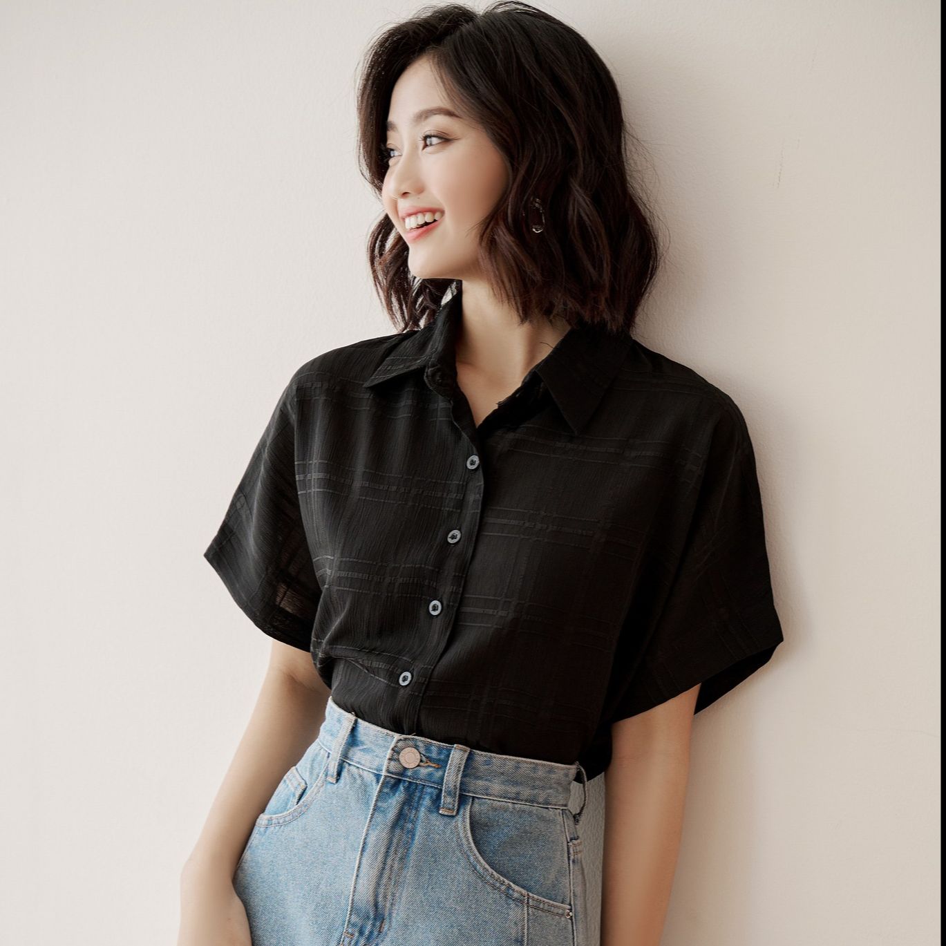 OLV - Áo Gingham Button Blouse In Black