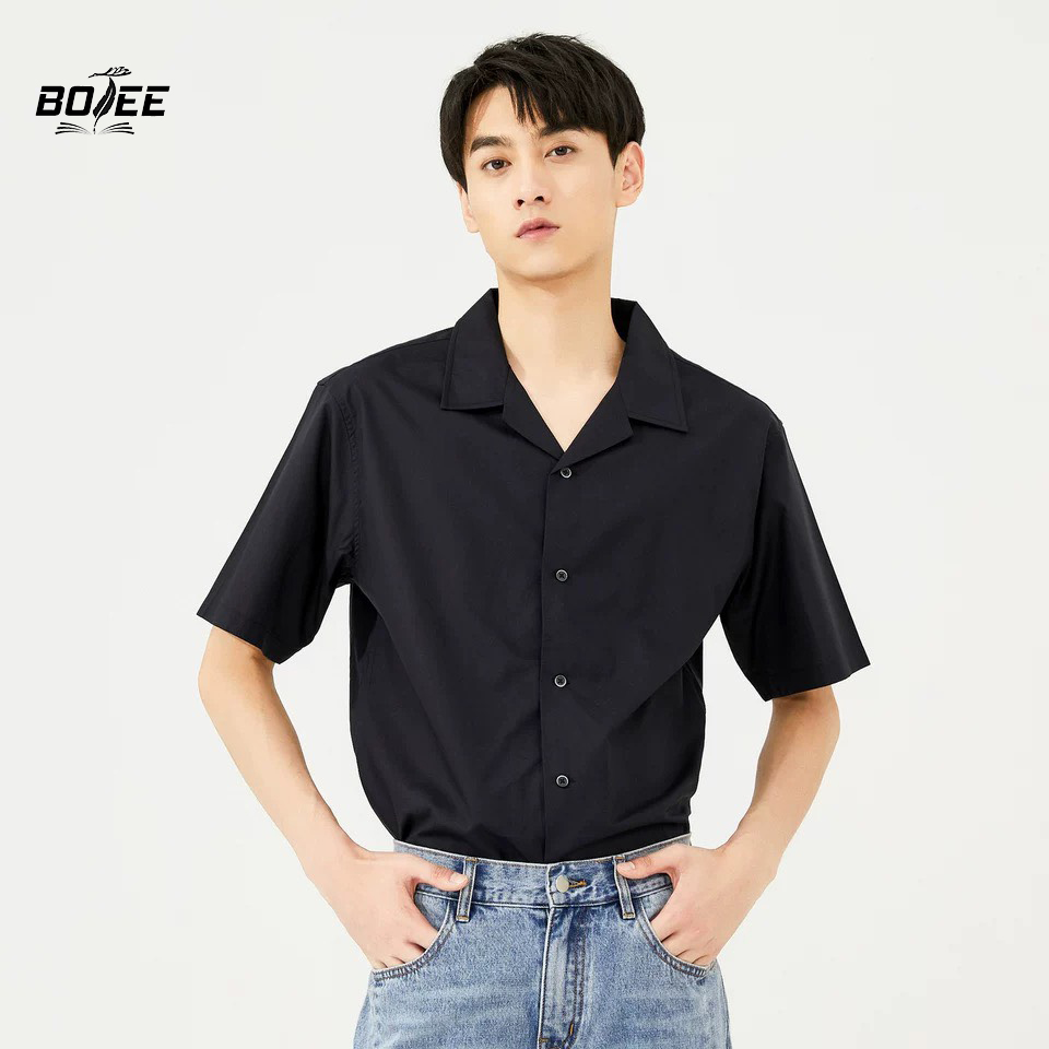 Áo sơ mi ngắn tay cổ vest rộng trơn đen trắng form rộng vải lụa không ngắn phong cách hàn quốc  BeWay