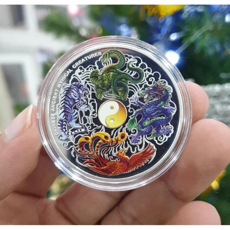 Đồng xu tứ linh long lân quy phụng - tặng kèm túi gấm long phụng