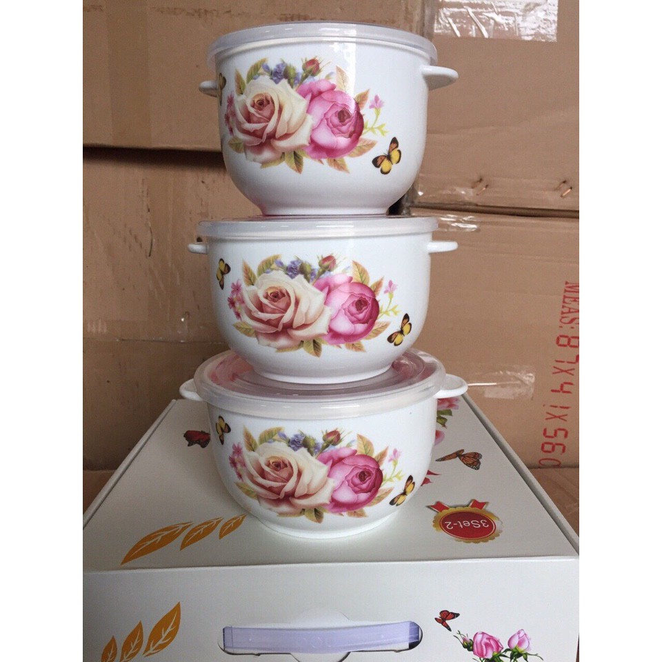 Bộ 3 thố sứ nắp hút chân không (loại có tai)