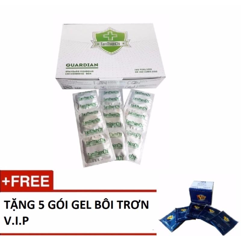 Bao cao su mỏng truyền nhiệt Tâm Thiện Chí Guardian Hộp 144 chiếc tặng 5 gói gel bôi trơn VIP