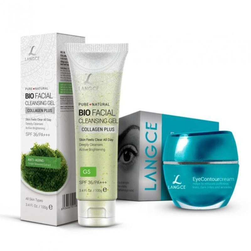 Bộ 1 kem trị thâm quầng mắt bọng mắt chống nhăn 12g và 1 gel rửa mặt sinh học đẹp da collagen+ chiết xuất rong nho biển 100g LANGCE