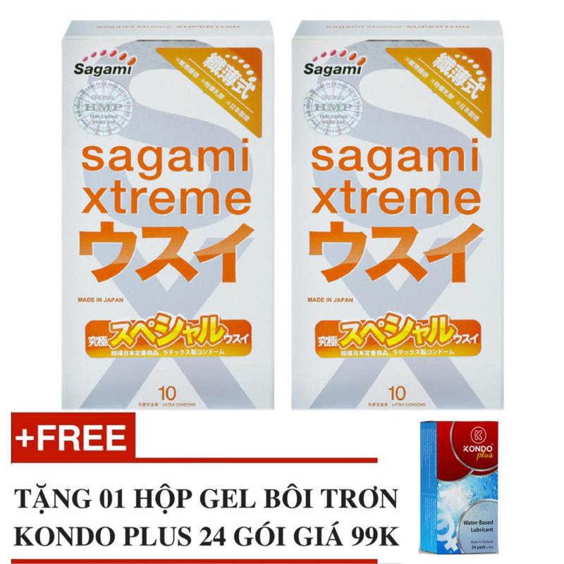 Bộ 2 hộp Bao cao su SAGAMI SUPER THIN siêu mỏng Nhật Bản - Tặng 1 hộp Gel bôi trơn Kondo