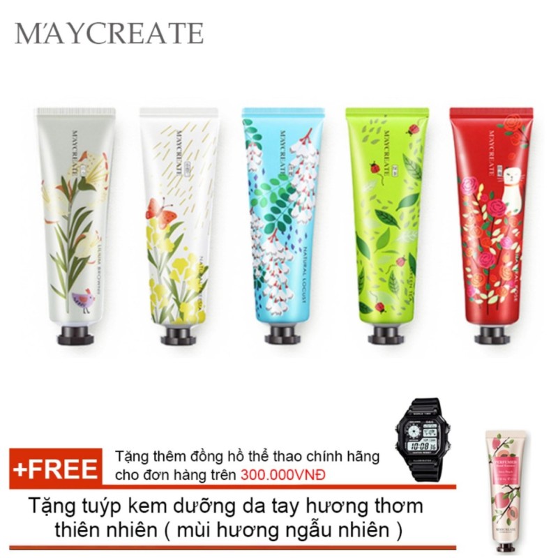 Bộ 5 tuýp kem dưỡng da tay MayCreate - 30g ( 05 tuýp ngẫu nhiên ) + Tặng mặt nạ siêu cấp ẩm Maycreate + ( Đơn hàng mỹ phẩm trên 300k tặng thêm 1 đồng hồ thể thao như quảng cáo )