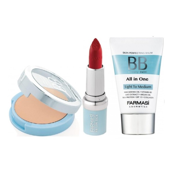 Bộ trang điểm Farmasi : Kem nền trang điểm BB cream 50ml + Phấn phủ chống nắng BB power  + Son lì chống nắng BB matter lipstick 04 nhập khẩu