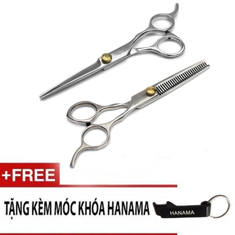 Bô đôi kéo cắt tóc bằng kim loại Hanama 001 tặng kèm móc khóa