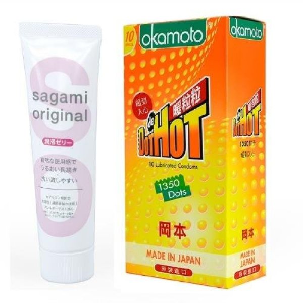 Bộ gel bôi trơn Sagami và hộp 10 bao cao su Okamoto Dot Hot
