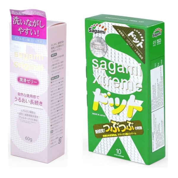 Bộ gel bôi trơn và hộp bao cao su siêu mỏng có gai Sagami Xtreme Green 10 bao