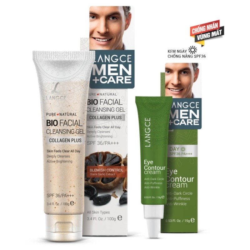 Bộ Kem Ngừa Thâm Quầng Mắt, Bọng Mắt 15ml Kem Ngày và Gel Rửa Mặt 100ml - Tỏi Đen - Trẻ Hóa Da LANGCE cho Nam