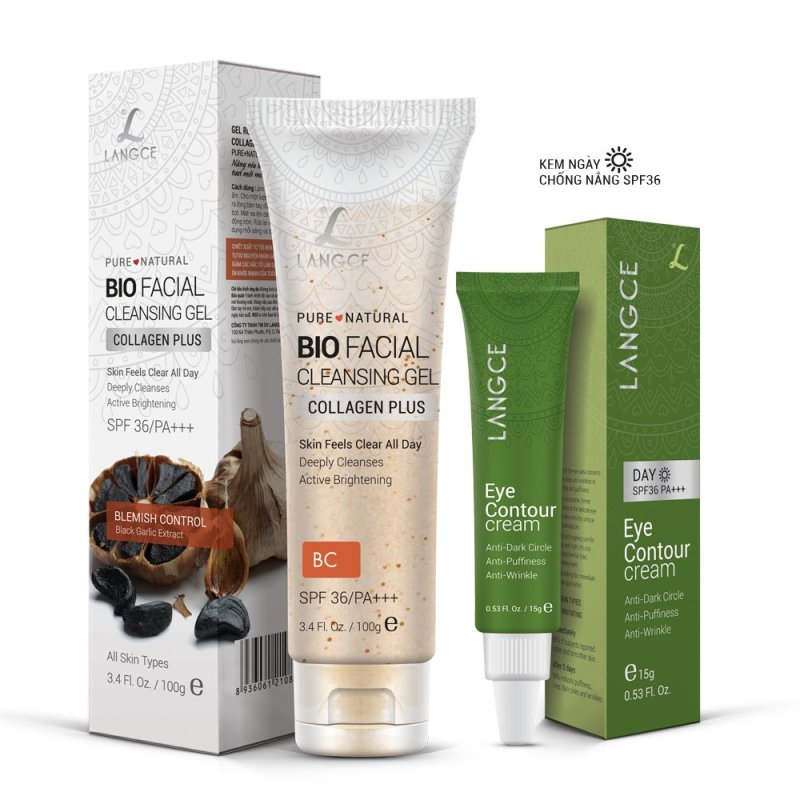 Bộ kem trị thâm quầng mắt bọng mắt chống nhăn 15g ngày và gel rửa mặt sinh học đẹp da collagen + chiết xuất tỏi đen 100g LANGCE