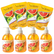 Bộ nước rửa tay diệt khuẩn Tropical Fruits Vedette 4 chai x 500ml và 4 gói x 400ml