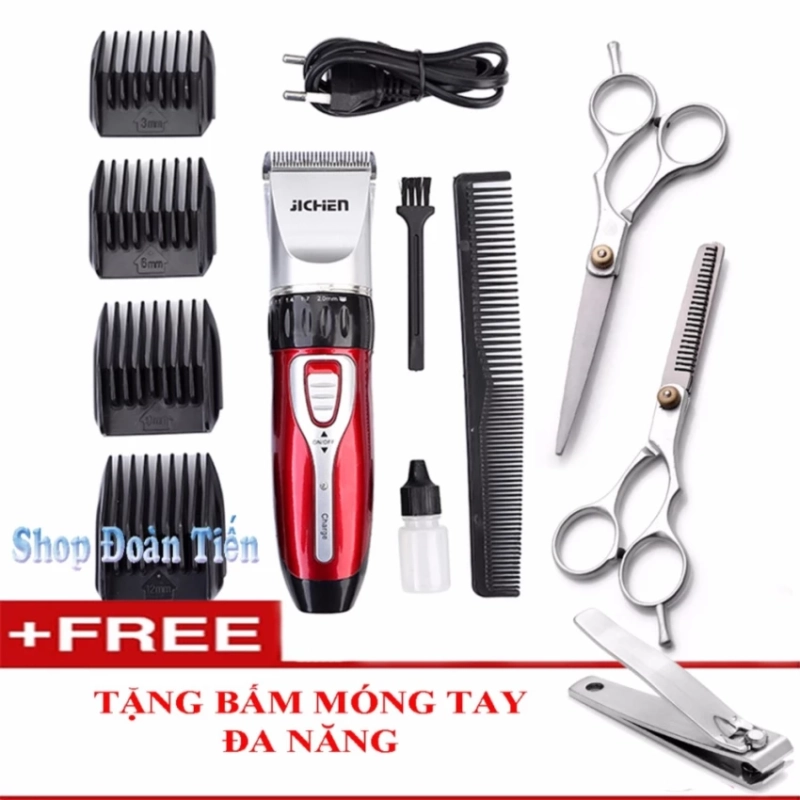 Bộ Tông Đơ Cắt Tóc không dây êm ái Jichen Tặng Kèm Kéo Cắt Tỉa và Bấm Móng Tay nhập khẩu