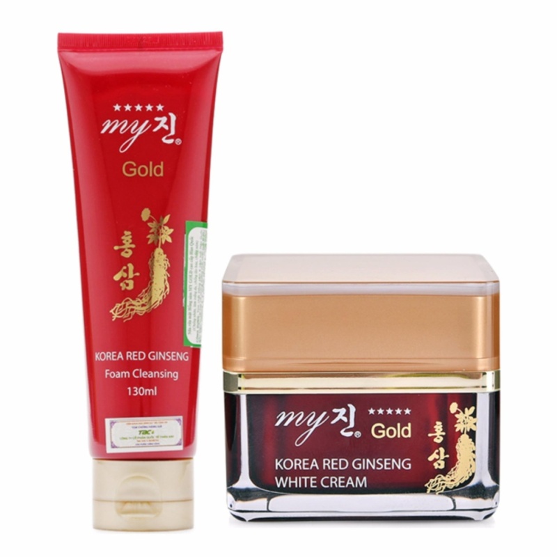 Combo Kem dưỡng trắng da chống lão hóa My gold Korea Red Ginseng Aqua Wrinkle Whitening Cream 50ml + Sữa rửa mặt hồng sâm đỏ My Gold Korea Red Ginseng Foam Cleanser 130ml