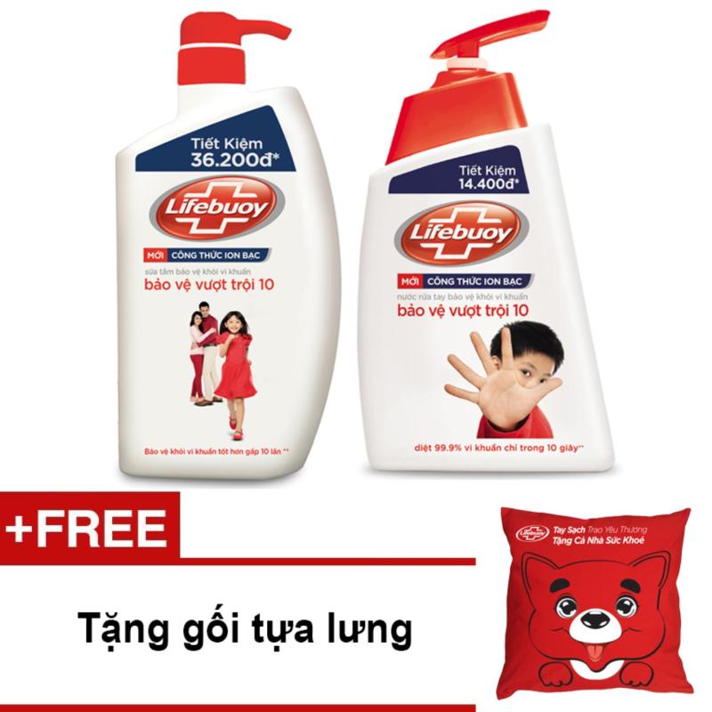 Bộ Lifebuoy bảo vệ vượt trội gồm sữa tắm chai 850g và nước rửa tay 500g + Tặng 01 gối tựa lưng nhập khẩu