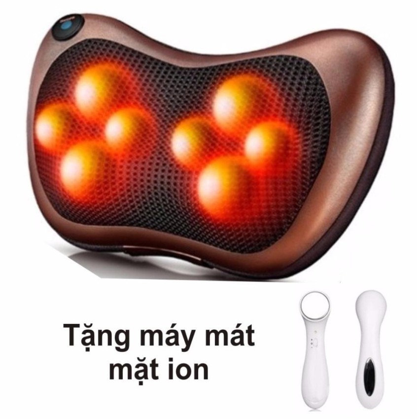 Gối mát-xa hồng ngoại massage pillow_ 8 bi + máy mát xa mặt ion-bbvl