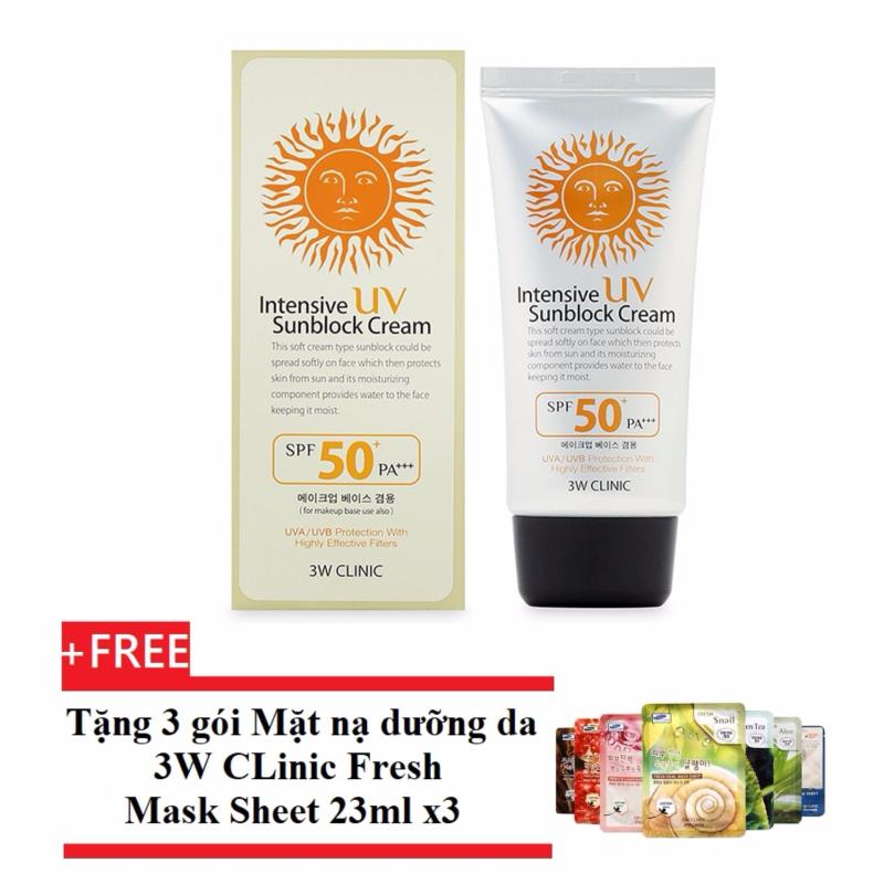 Kem chống nắng 3W Clinic UV Sunblock Cream SPF 50+ PA+++ 70 ml + Tặng 3 gói Mặt nạ dưỡng da 3W Clinic Fresh Mask Sheet 23ml x3 nhập khẩu
