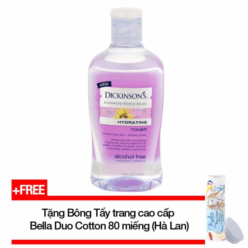 Nước hoa hồng DICKINSONS Enhanced Witch Hazel Hydrating Toner 473ml (Dành cho da khô, da thường) + Tặng Bông tẩy trang cao cấp Bella Duo Cotton 80 miếng