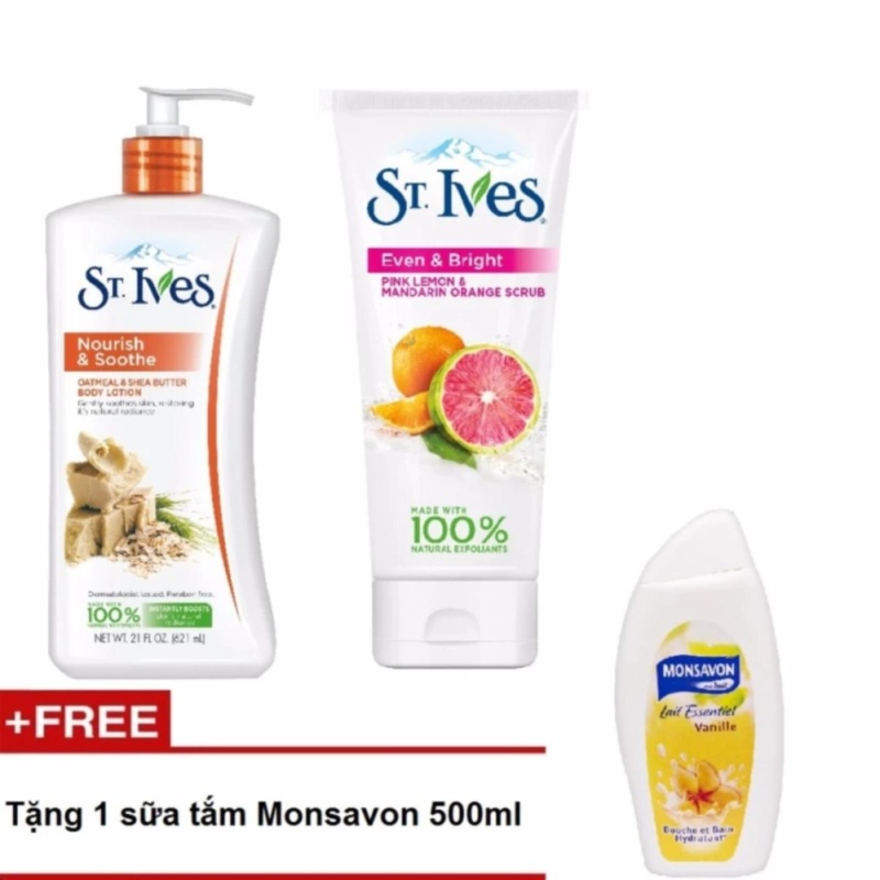 Sữa dưỡng thể St.Ives Yến Mạch Và Bơ Shea 621ml + sữa rửa mặt Tẩy Tế Bào Chết St.Ives Cam Chanh 170g + tặng 1 sữa tắm Monsavon 500ml